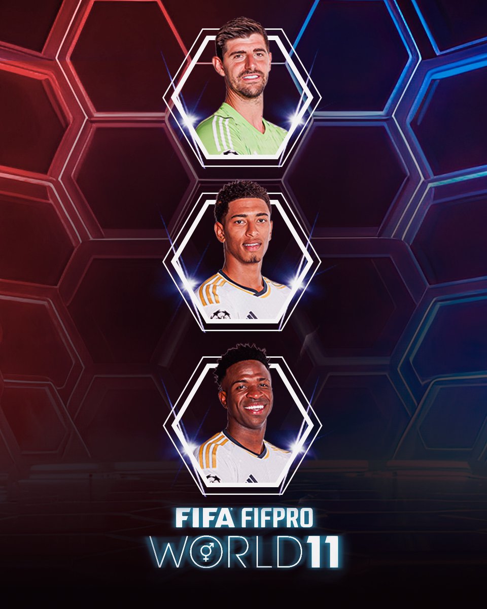 realmadrid's tweet photo. 🔝 ¡Nuestros jugadores en el #World11 Masculino 2023 de FIFA @FIFPRO! 
🧤 @ThibautCourtois
🤗 @BellinghamJude
😁 @vinijr
#TheBest | #RealFootball https://t.co/LPdbAvXbLQ