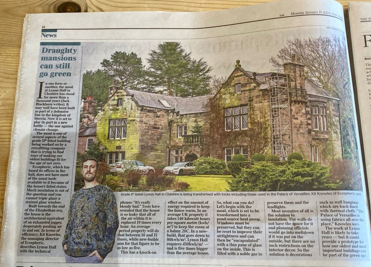 Our work #retrofitting listed historic buildings was featured in this article in <a href="/thetimes/">The Times and The Sunday Times</a> today. Our offices at #LymmHall serve as a research hub for solutions to airtightness, glazing, and heating systems for #heritage properties. ecospheric.co.uk/lymm-hall