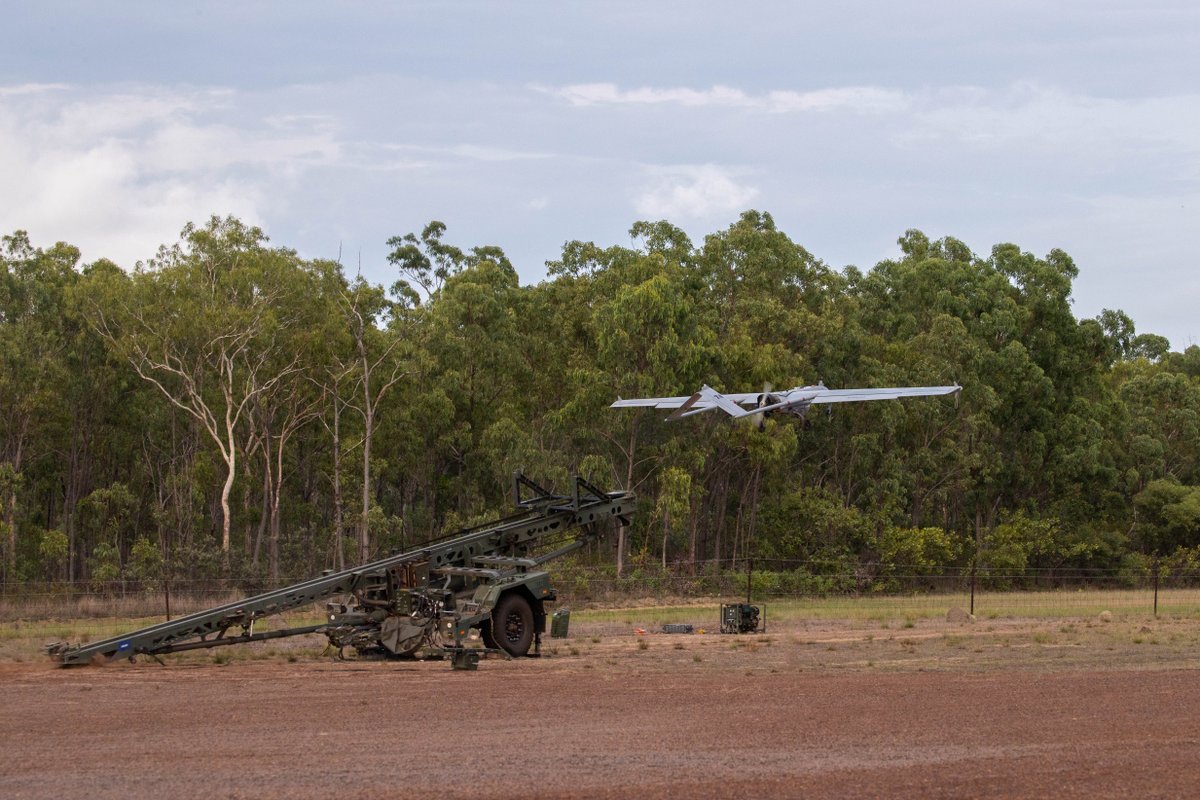 DefenceAust's tweet photo. The AAI RQ-7 Shadow Uncrewed Aerial Systems (UAS) from the 20th Regiment, Royal Australian Artillery provides surveillance and reconnaissance support for land and maritime operations during #OpResolute in the 📍Kimberley Marine Park, Western Australia. #YourADF https://t.co/DY8zCgheaP