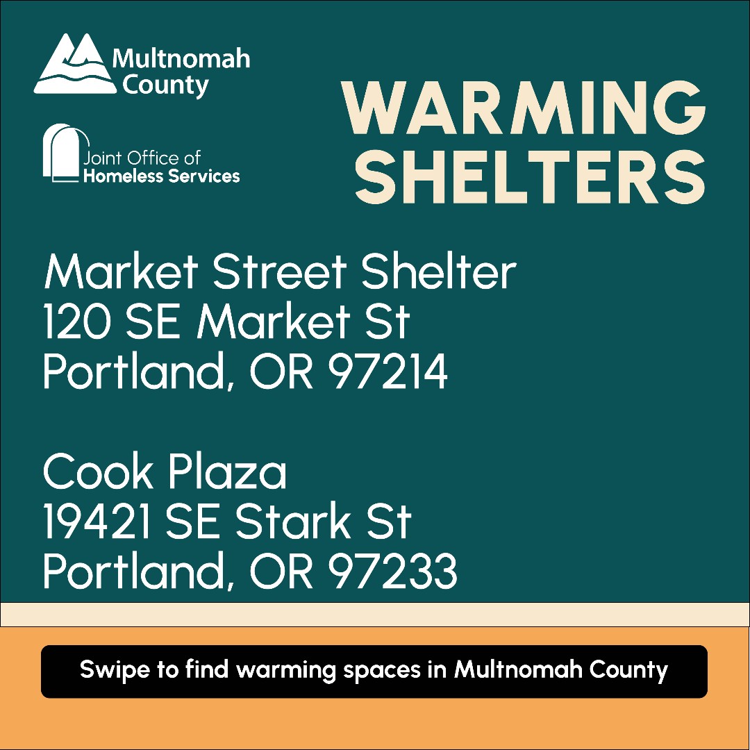 Severe weather shelters remain open today, Monday, Jan. 15, through Tuesday, Jan. 16 at noon. 

Multnomah County warming shelters are seeking 100 community volunteers immediately and in the coming days.

Sign up at multco.us/care-when-its-….