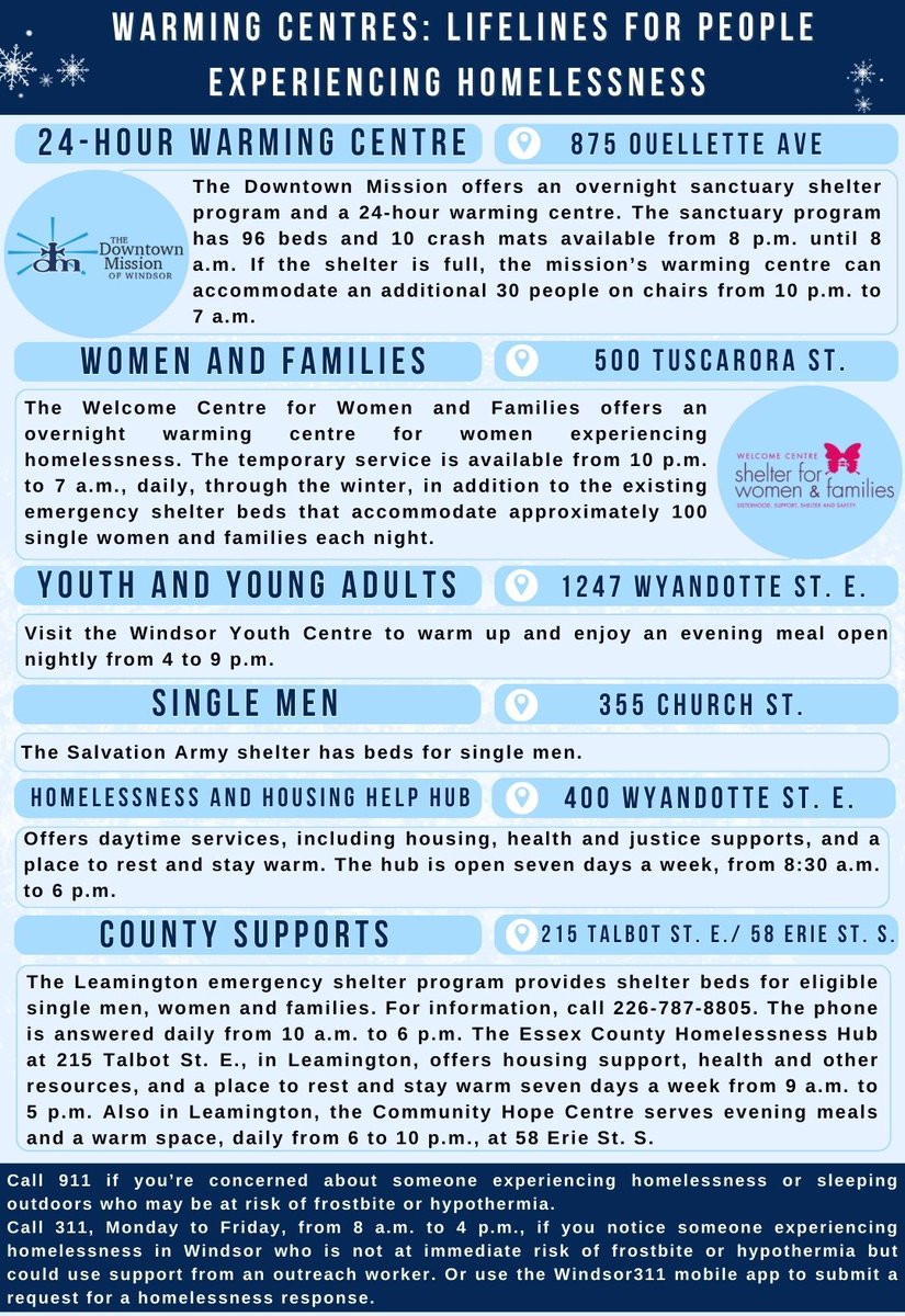 As temperatures drop in Windsor, warm and safe shelters are open to support those experiencing homelessness. Share this information, spread warmth, and let's ensure everyone stays safe this winter! #CommunitySupport #Winter