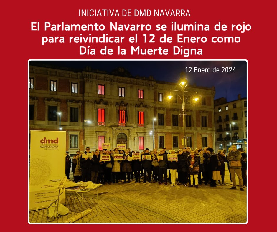derechoamorir's tweet photo. El 12 de Enero se cumplen 26 años de la muerte de Ramón Sampedro. A petición de DMD Navarra se iluminó de rojo el Parlamento Navarro. @derechoamorir reivindica que ese día sea el Día de la Muerte Digna en España. #diamuertedigna #12Enero #RamonSampedro #aniversario #eutanasia https://t.co/OIwNiP1JGn