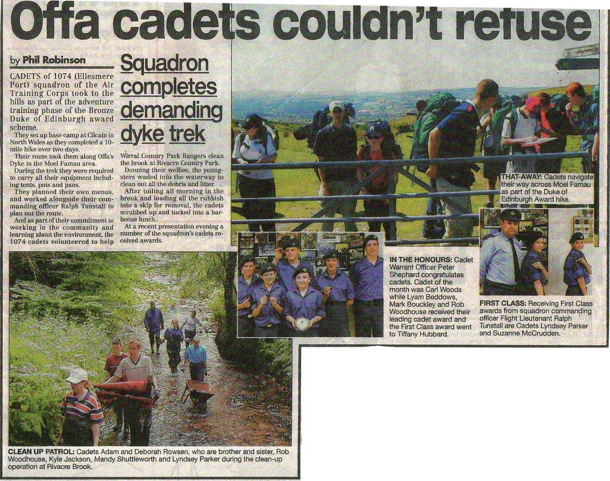 For more of past achievements of Air Cadets of 1074 (Ellesmere Port) Sqn, we find an article from the Ellesmere Port Pioneer with an account of the Squadrons Bronze Expedition along Offa’s Dyke for the Duke of Edinburgh Awards Scheme which was published on 15 January 2003.