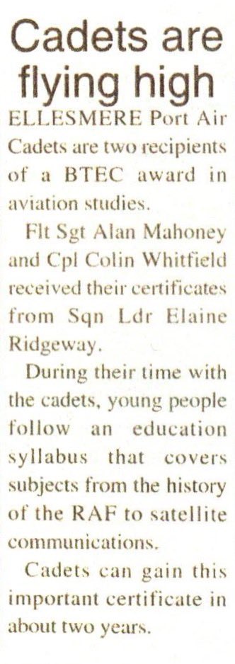 Plus a publication from the Standard the very next day, celebrating two of the Squadrons Cadets receiving certificates for their successful completion of a BTEC award in Aviation Studies.