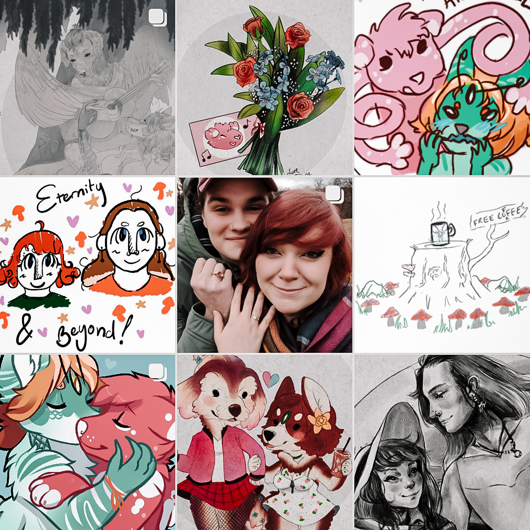Dobe_Draws's tweet photo. Happy 2024! 💙
So far this year has been magical because I got to get engaged to my best friend! 

Here's to a bright new year, a bright new future, and a bright new... business 👀

Art shown is a mixture of both mine and Eoin's work. https://t.co/hkBg5QecVK