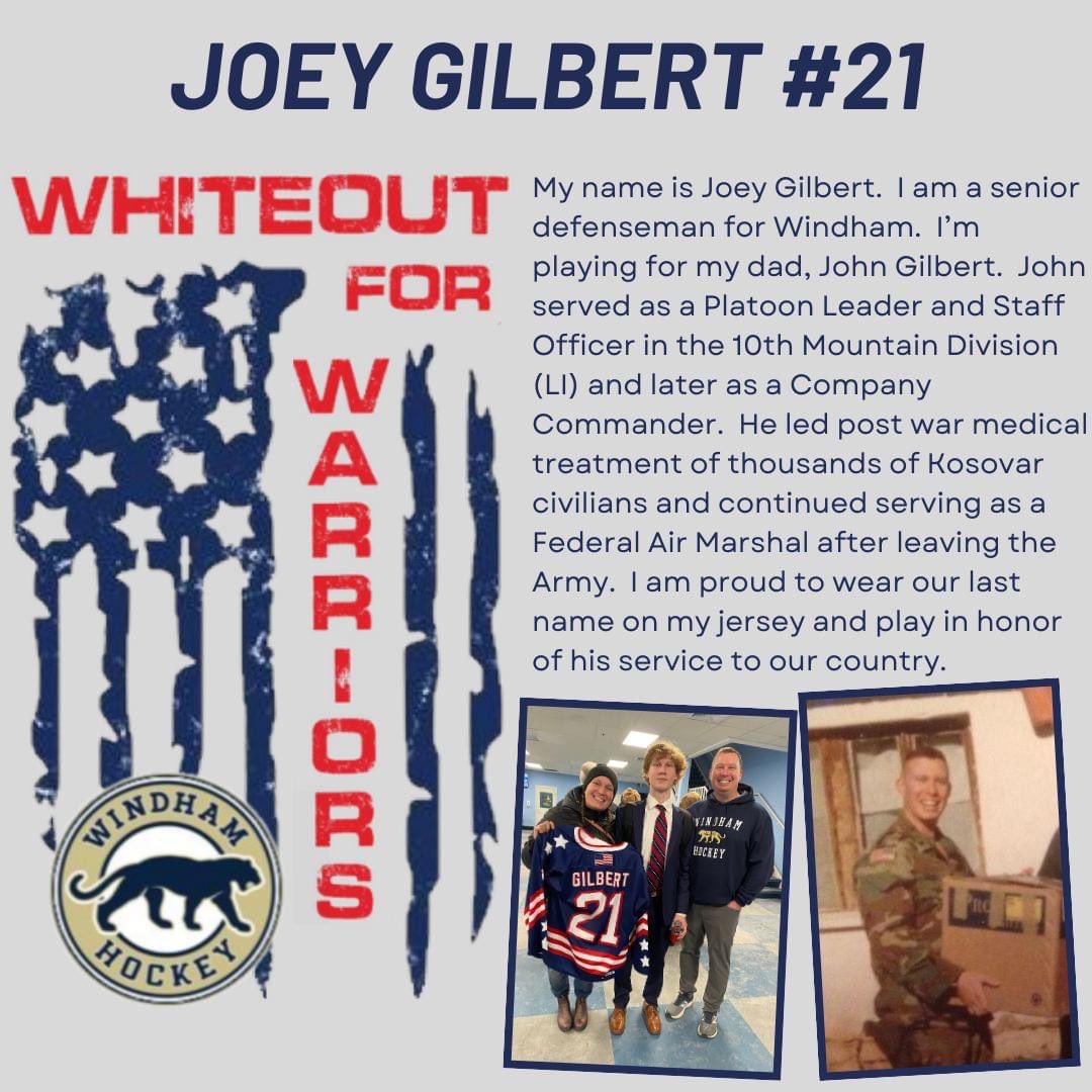 The Whiteout for Warriors game is January 20. All Londonderry and Windham players will wear a customized jersey honoring a veteran of their choice. Today we have Windham senior Joey Gilbert. #highschoolhockey #military #militaryappreciation