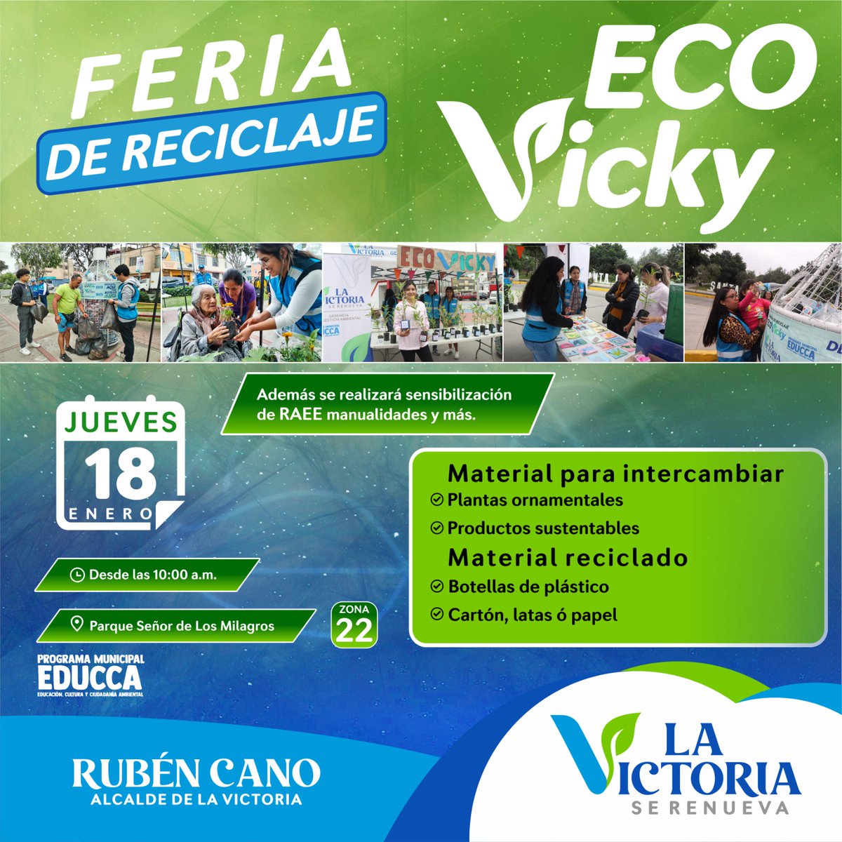 munilavictoria's tweet photo. Campaña #EcoVicky | 🍀¡No paramos! En esta oportunidad llegamos con nuestra campaña de reciclaje al parque Señor de los Milagros desde las 10:00 a.m. Te podrás llevar una plantita ornamental o productos sustentables a cambio de tus residuos sólidos🌱#EcoVicky #lavictoria #LaVicky https://t.co/I3jOWDxxQi