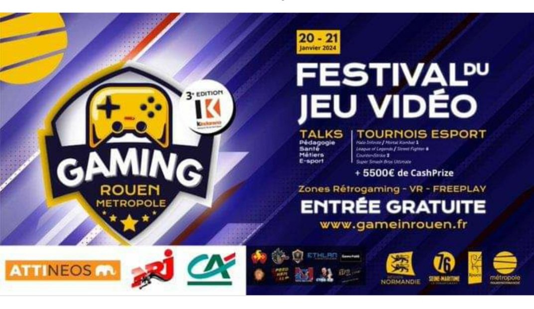 Festival du Jeu vidéo de Rouen 
<a href="/GamingRouen/">Gaming Rouen Métropole</a> <a href="/EsportNormandie/">Esport Club Normandie</a> 
Kindarena 
Samedi 20 et dimanche 21 janvier 
#gaming #jeuxvideo
Avec <a href="/MatouStudio/">Matou Studio</a> 
Studio indépendant création de jeux
#night&amp;scape