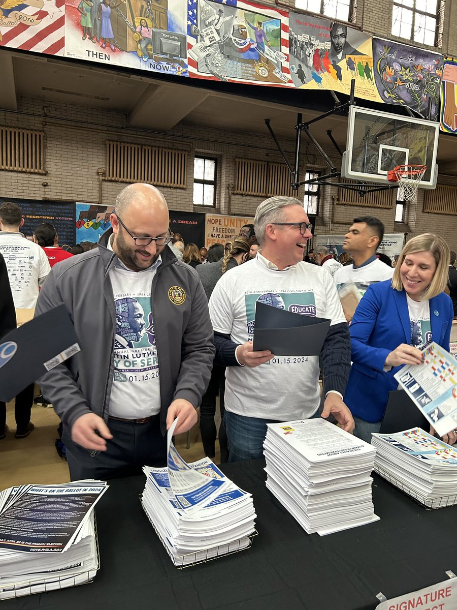 SethBluestein's tweet photo. I'm honored to have been a part of the 29th Annual @MLKDayOfService, hosted by @GCitizenMLK, working alongside @Omar4philly, @Committeeof70, and @Commish_Schmidt. We Focused on civic engagement, teaming up to assemble voter outreach education kits.  #PhillyVotes #MLKDay2024 https://t.co/VwDCYBRGli