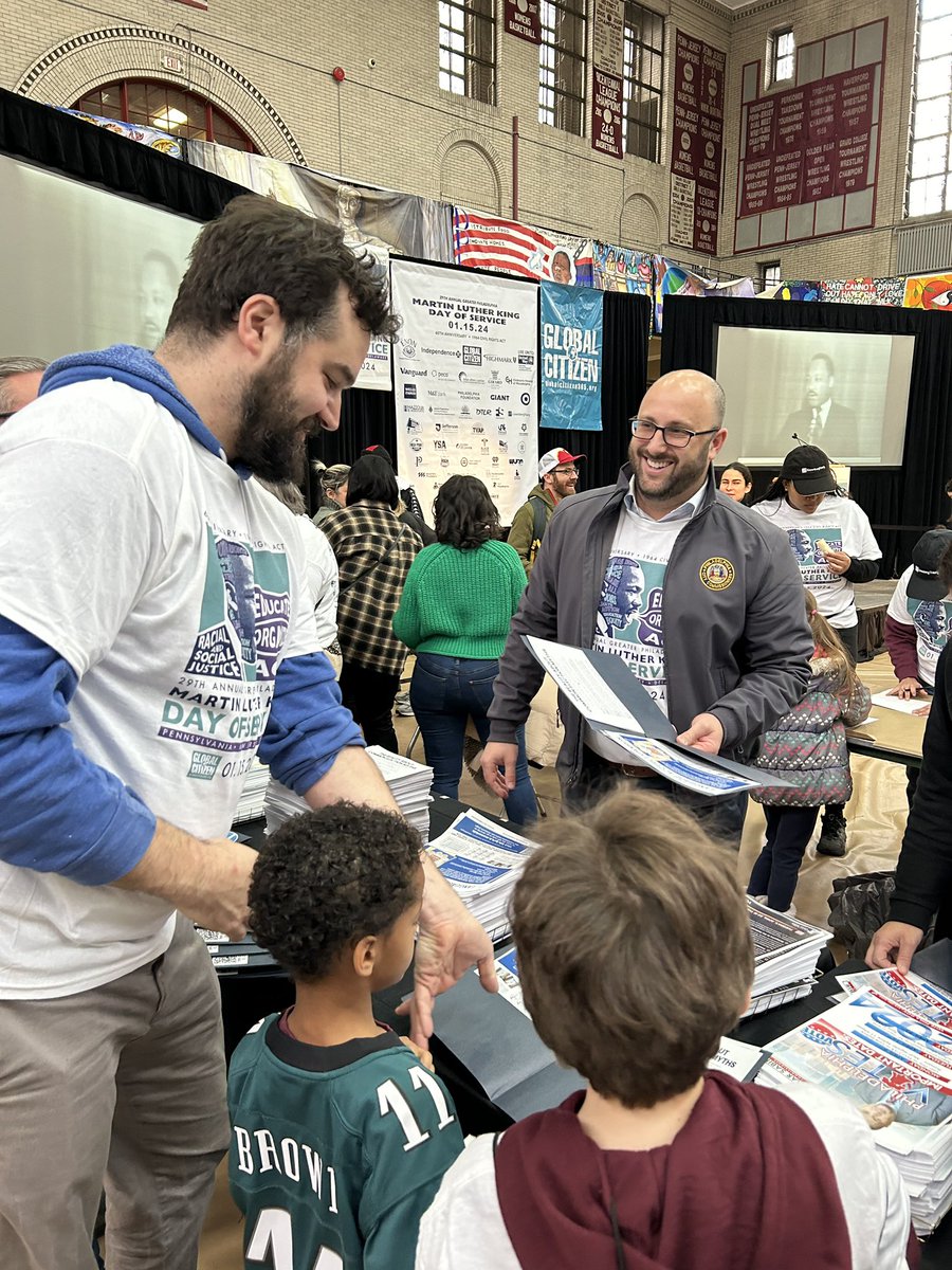 SethBluestein's tweet photo. I'm honored to have been a part of the 29th Annual @MLKDayOfService, hosted by @GCitizenMLK, working alongside @Omar4philly, @Committeeof70, and @Commish_Schmidt. We Focused on civic engagement, teaming up to assemble voter outreach education kits.  #PhillyVotes #MLKDay2024 https://t.co/VwDCYBRGli