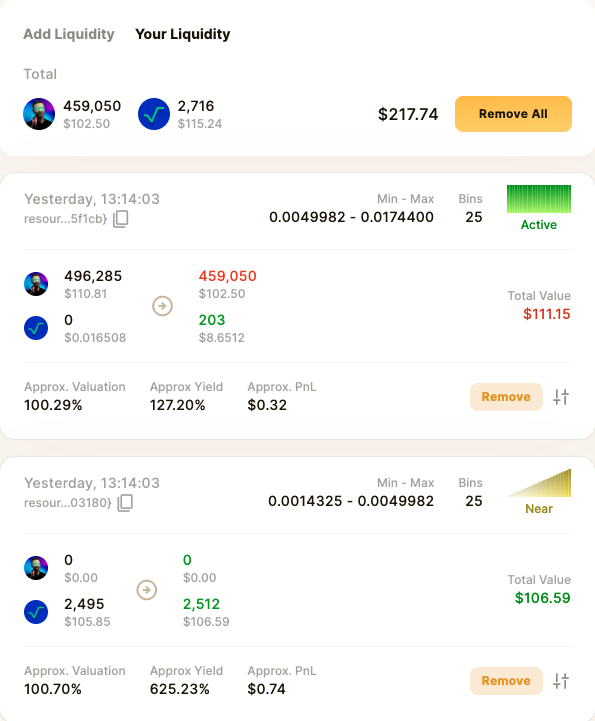Added a small amount of $HUG &amp; $EARLY with $XRD to get a feel for the mechanics of Shape Liquidity on <a href="/CaviarNine/">CaviarNine</a>.

One thing I love about <a href="/RadixDLT/">Radix - Radically Different DeFi</a> and other low-fee L1s is the ability to experiment with DeFi without having to sell a kidney to pay fees!