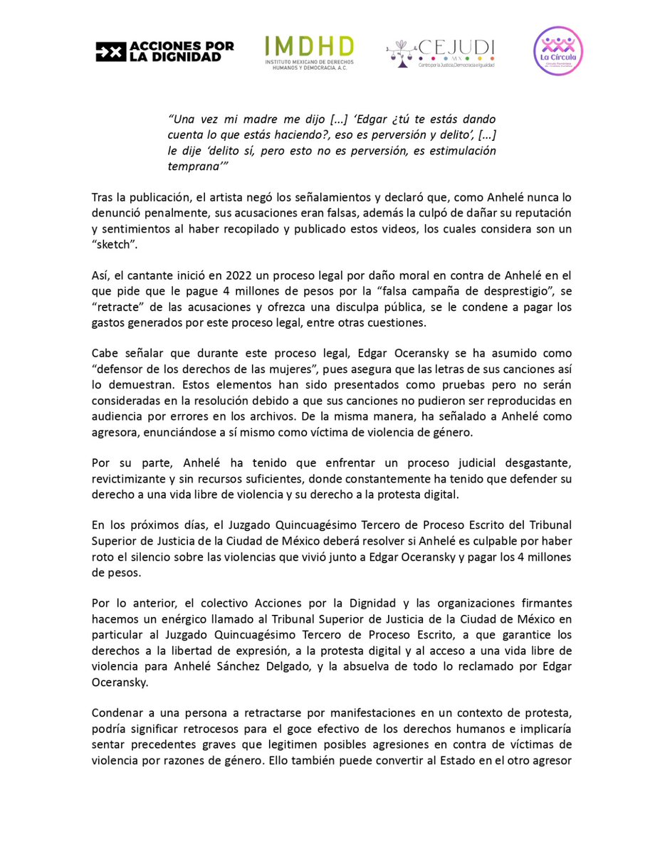 MXDignidad's tweet photo. ⚠️ Anhelé @anhele no debe ser condenada a pagar 4 millones por haber “afectado” a su agresor❌

📢Hacemos un llamado al @PJCDMX a que garantice los derechos a la libertad de expresión, a la protesta digital y al acceso a una vida libre de violencia para Anhelé. #YoSiTeCreoAnhele https://t.co/5zYibfLaD5