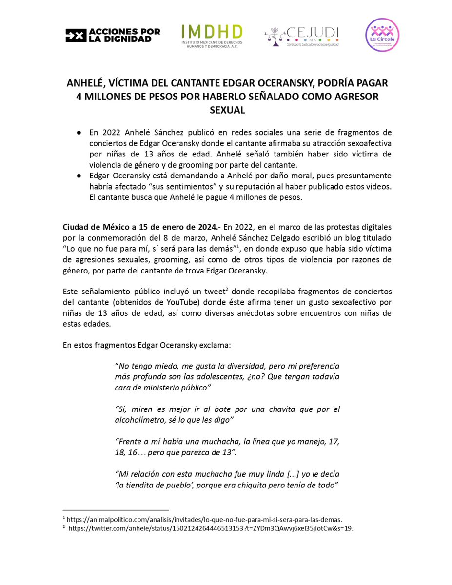 MXDignidad's tweet photo. ⚠️ Anhelé @anhele no debe ser condenada a pagar 4 millones por haber “afectado” a su agresor❌

📢Hacemos un llamado al @PJCDMX a que garantice los derechos a la libertad de expresión, a la protesta digital y al acceso a una vida libre de violencia para Anhelé. #YoSiTeCreoAnhele https://t.co/5zYibfLaD5