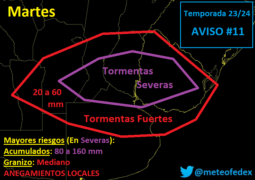 MeteoFedex's tweet photo. #Tormenta MARTES | Desde la medianoche tendremos acción sobre Cuyo, para llegar en la madrugada/mañana sobre gran parte de la zona delimitada. Luego de eso esperamos el pico de intensidad con lluvias torrenciales por varias horas

Sur del Litoral y Uruguay deben extremar cuidados https://t.co/v1WGXmM1xU