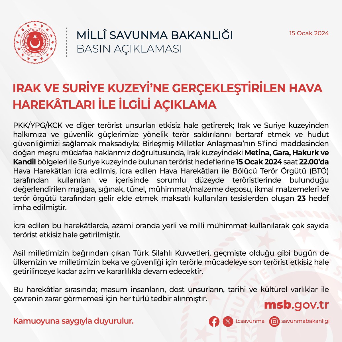 Hava Kuvvetlerimiz, terör örgütü PKK/YPG’ye darbe vurmaya devam ediyor.🇹🇷

#MillîSavunmaBakanlığı