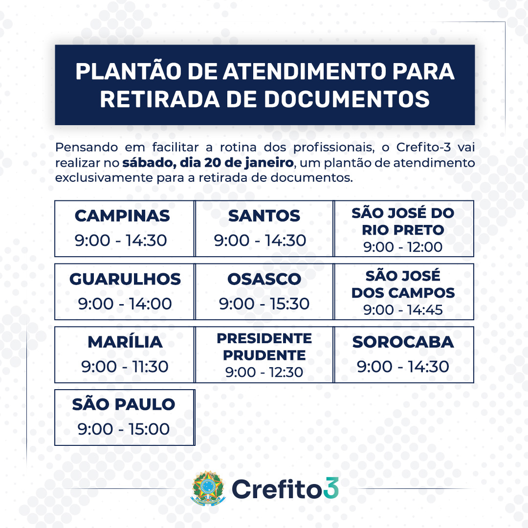 crefito_3's tweet photo. Pensando em facilitar a rotina dos profissionais, o Crefito-3 vai realizar no sábado, dia 20 de janeiro, um plantão de atendimento exclusivamente para a retirada de documentos.
Saiba mais: https://t.co/EWxKXQ7OTi https://t.co/pI8hlFhztt