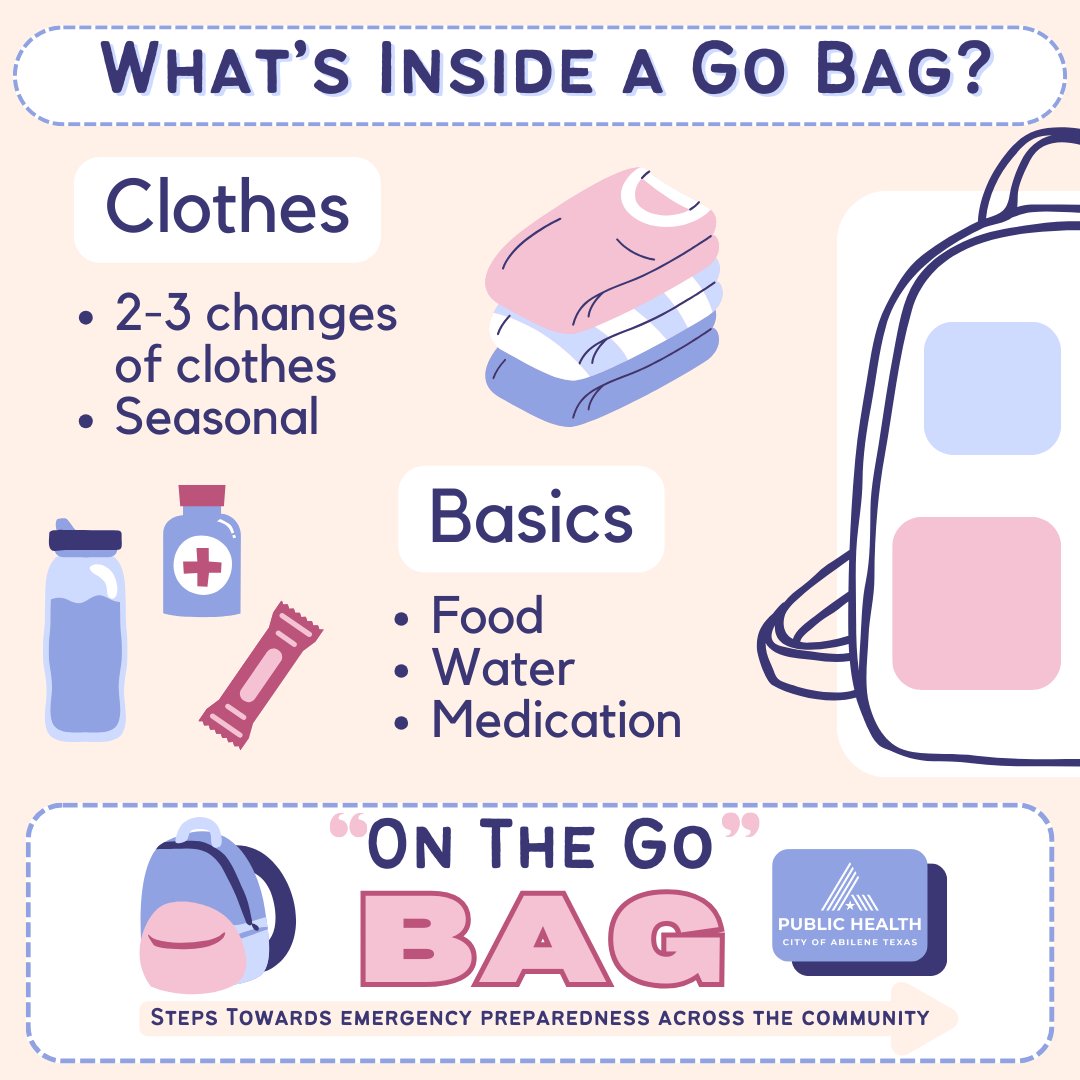AbileneHealth's tweet image. Customize, customize, customize! A Go Bag should be individualized, but here are a few ideas of what to include. #GoBag #BugOutBag #ReadyBag #EmergencyPreparedness #CommunityPreparedness #HealthyHabits #ATCPHD
