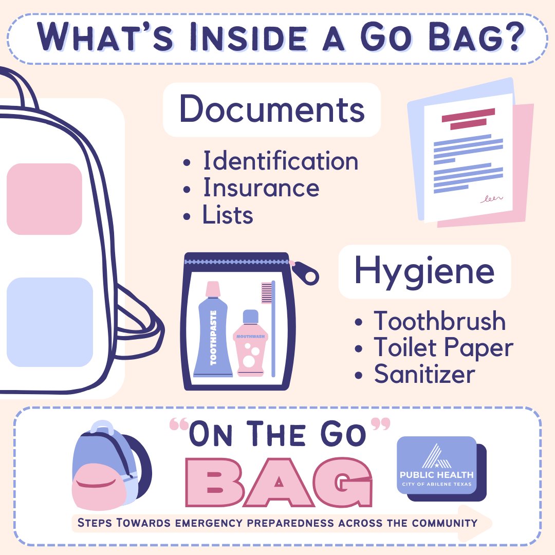 AbileneHealth's tweet image. Customize, customize, customize! A Go Bag should be individualized, but here are a few ideas of what to include. #GoBag #BugOutBag #ReadyBag #EmergencyPreparedness #CommunityPreparedness #HealthyHabits #ATCPHD
