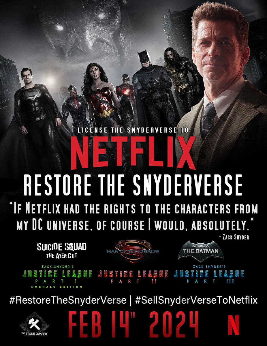 🚨‼️
TRENDING EVENT!!! 
#RestoreTheSnyderVerse 
#SellSnyderVerseToNetflix 
2/14/24!!!