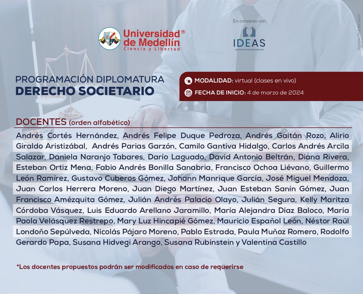IASocietario's tweet photo. Ya están abiertas las inscripciones para la 6ta edición del Diplomado de Derecho Societario. 

Estos son los profesores que nos estarán acompañando!!!!
@UdeMedellin_ 

Inscripciones en el siguiente link:
https://t.co/GAJ9vafRaC https://t.co/xBmFCy3aw2