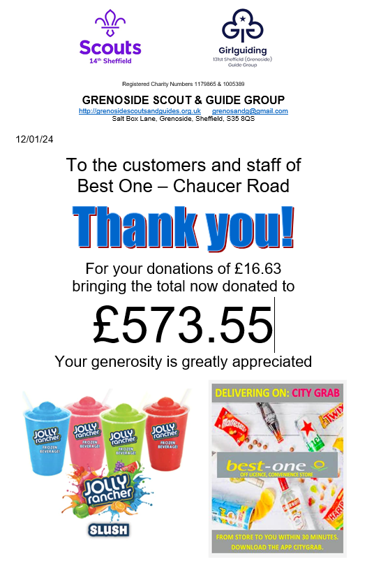 GrenoScoutGuide's tweet photo. Thank you Best One Chaucer Road for hosting a collection tin for us and to your customers for their very kind donations.  All will be put towards our extension on our Headquarters.
If any other shop in our local area would like to host a charity tin for us, please get in touch https://t.co/YxTtkkzbhO