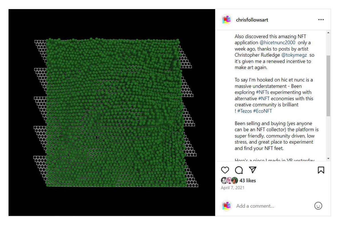 Insta post from April 7, 2021 :}}

....discovered this amazing app hicetnunc2000 only a week ago. To say I'm hooked on hic et nunc is a massive understatement ... 💚🖤