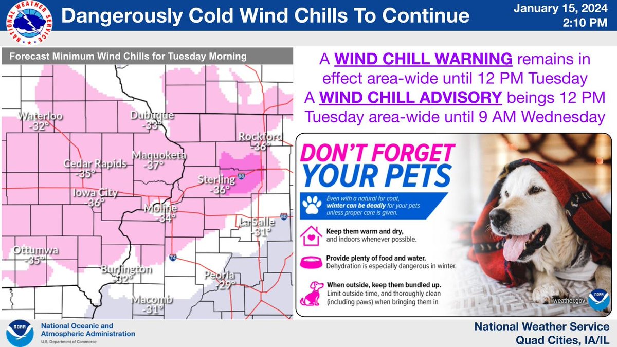 Dangerous wind chills of 30 to 40 below zero will continue into Tuesday morning. Wind chill warnings remain in effect area-wide through 12 PM Tuesday. A wind chill advisory will be in effect starting 12 PM Tuesday.