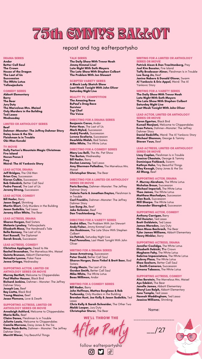 afterpartysho's tweet photo. It’s #Emmys night and the annual After Party ballot is back! Play along by downloading either the printable version or IG stories format to make your winners predictions. Don’t forget to tag @afterpartysho when you post your final ballot! https://t.co/Ky4kCx9Lbq