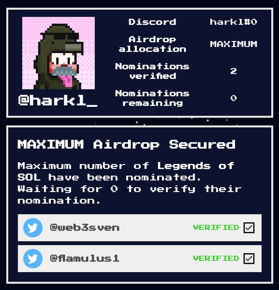 There's a rumour going round that the first <a href="/Legends_of_SOL/">Legends</a> are going to get access to the airdrop tool in the next few hours...