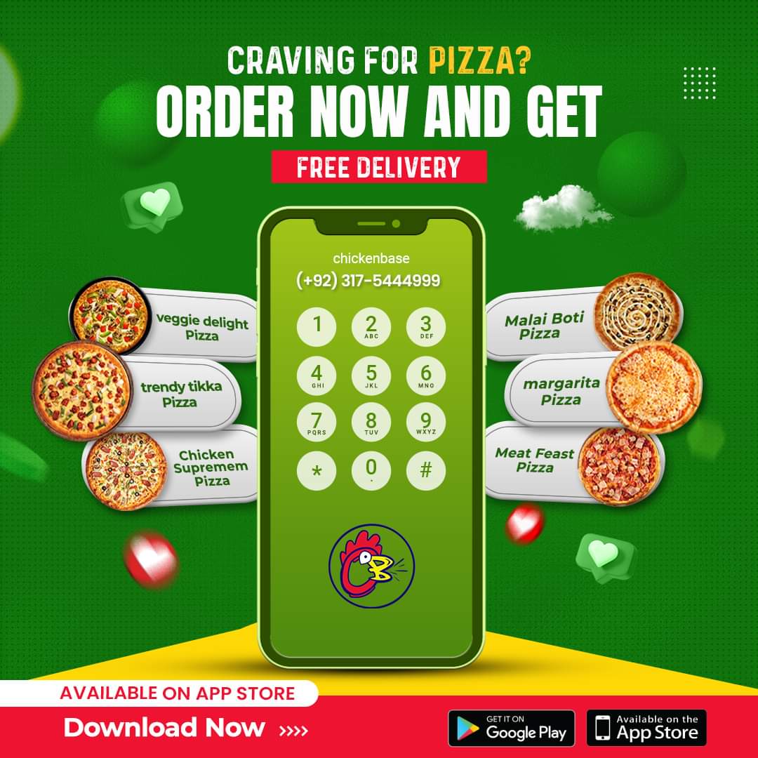 ChickenBase_Rwp's tweet image. Order your favorite pizza from the Chicken Base app and enjoy free delivery. 
𝐖𝐞𝐛𝐬𝐢𝐭𝐞
🌐chickenbase.pk    
𝐏𝐥𝐚𝐲 𝐬𝐭𝐨𝐫𝐞
play.google.com/store/apps/det…
𝐀𝐩𝐩𝐥𝐞 𝐬𝐭𝐨𝐫𝐞
apps.apple.com/us/app/chicken… 
#OrderNow #FoodAtYourFingertips #EasyDining #DownloadAndDelight