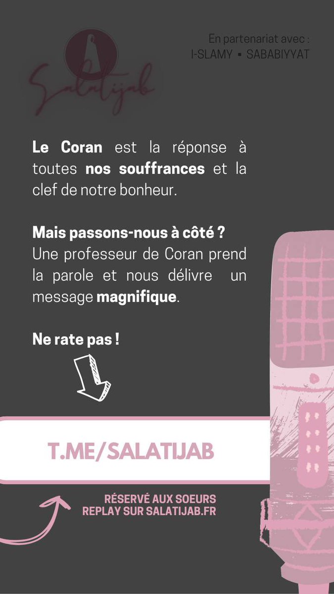 salatijab's tweet photo. Tu as des traumatismes et tu ne sais comment les soigner ? Rendez vous ce mardi soir pour (re)découvrir un trésor dans ta vie : le Coran.

Pour ne pas rater : 
https://t.co/dk8GExGl3X https://t.co/i7D15TckvK