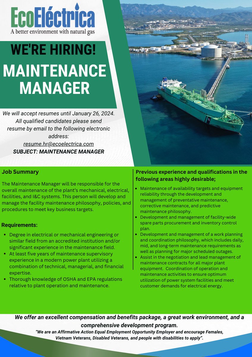 Apply now-Maintenance Manager

We will accept resumes until January 26, 2024. All qualified candidates please send resume by email to the following electronic address: resume.hr@ecoelectrica.com

Subject: MAINTENANCE MANAGER

#resume #jobs #hiring #humanresources