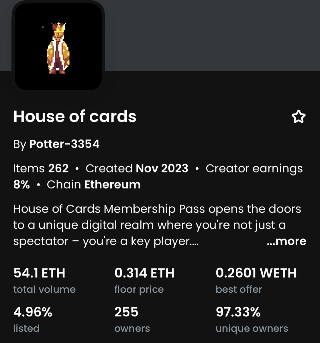 Potterplays1's tweet photo. Did you know? 
Our mint price was just 0.054eth ( $80 - $100 at that time )
Its at 8x right now and we never went below our mp let alone around that range.

@Houseofcards_io is the alpha in itself 🙏❤️ https://t.co/rhQFEN7dvn