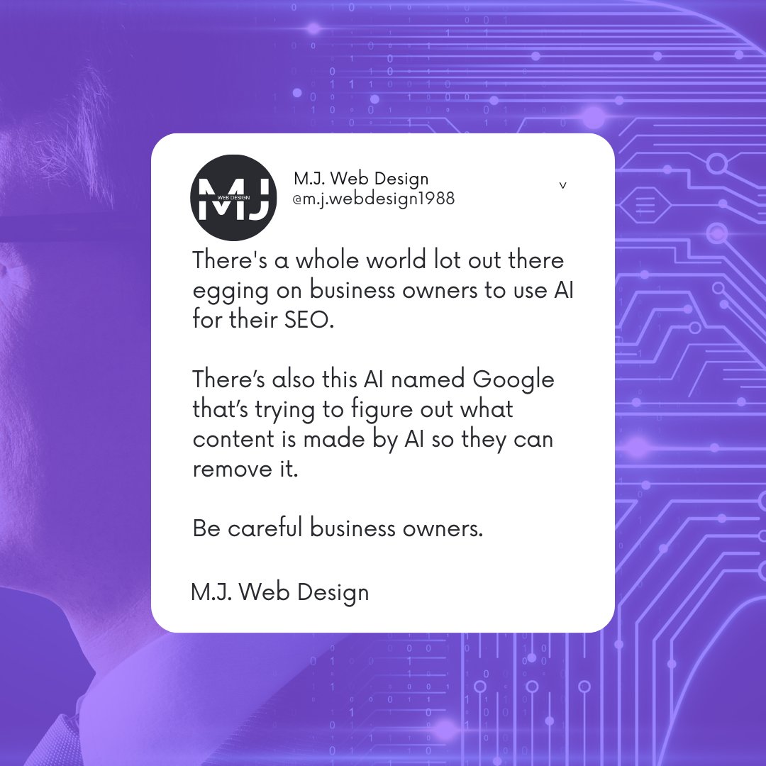 MJWebDesign1988's tweet photo. Be careful when using AI #businessowners 

There's this AI out there named Google that's trying to figure out what content was written with AI and remove it!

Remember you also used to be able to just stuff content with keywords and rank.

#SEO #RVA https://t.co/8KKcuGy8Cz