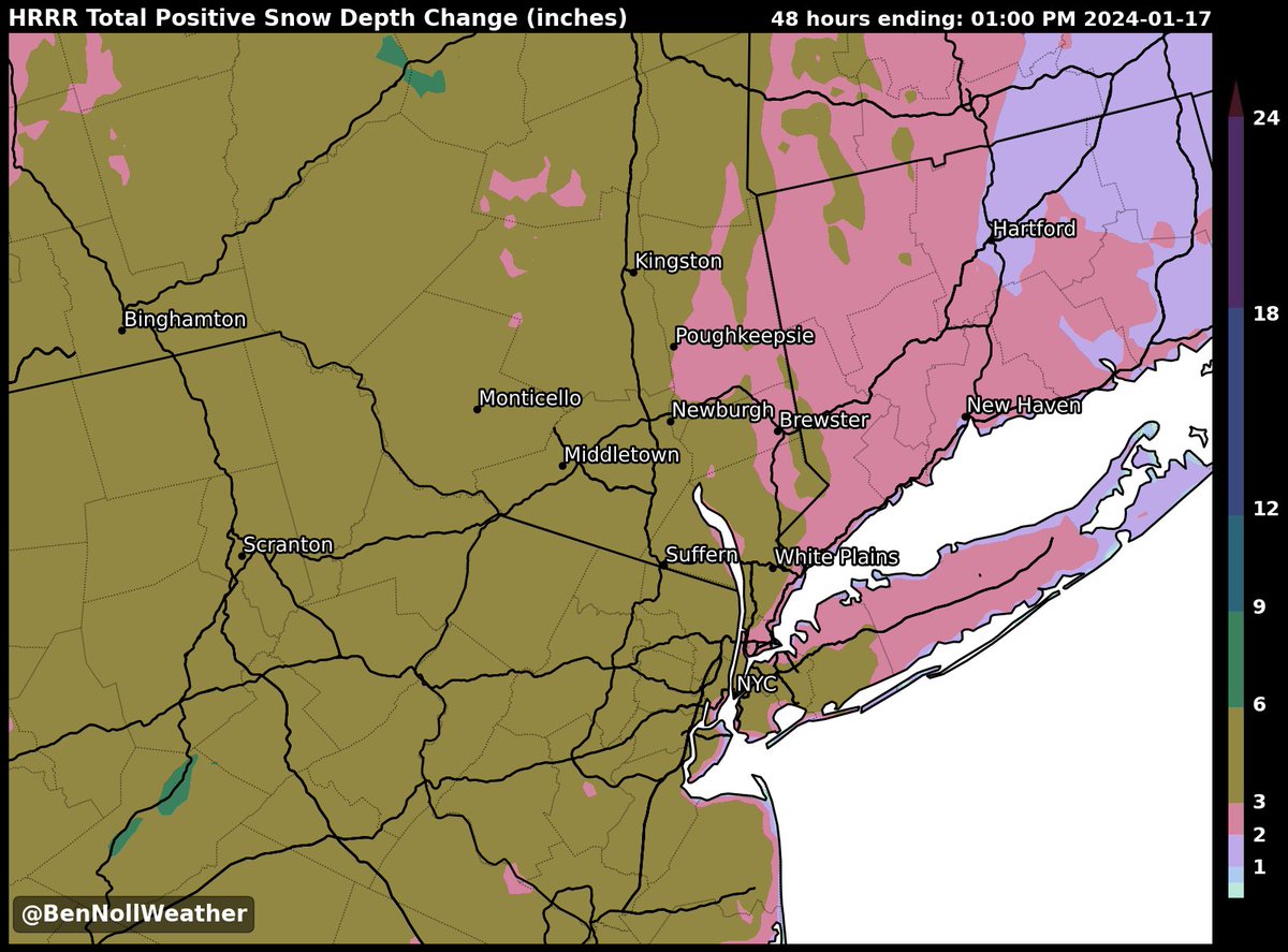 ❄️ Here's the latest snowfall forecast for the #HudsonValley - most places are favored to receive over 3 inches (mustard color) 📏 Snow will start after midnight, building from south-to-north across the region, with an inch or two by daybreak Tuesday. Roads will be slick...