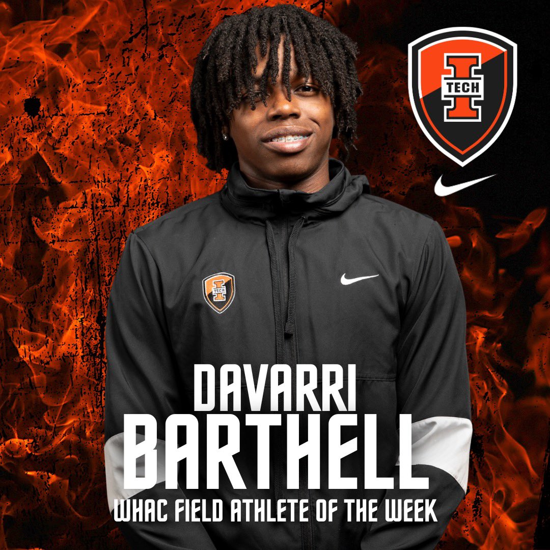 INTechTF's tweet photo. For the second week in a row, Davarri Barthell has been named the WHAC Field Athlete of the Week.  Barthell continued his all-out assault on the Tech record books, jumping to a freshman record in the long jump of 7.43m (24'4.5"). https://t.co/ckzuTv3DME