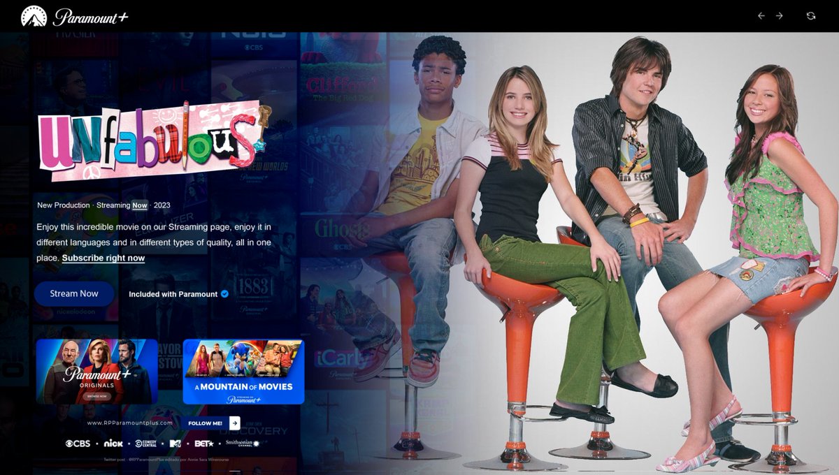 𝗣𝗮𝗿𝗮𝗺𝗼𝘂𝗻𝘁 +
𝘁𝗮𝗴: #RPParamountPlus!
𝖬𝗈𝗏𝗂𝖾𝗌/𝖲𝖾𝗋𝗂𝖾𝗌 • 𝗦𝘁𝗿𝗲𝗮𝗺𝗶𝗻𝗴 𝗡𝗼𝘄.

Enjoy our catalog and watch “Unfabulous” right now. Learn more about the production in #UnfabulousRP