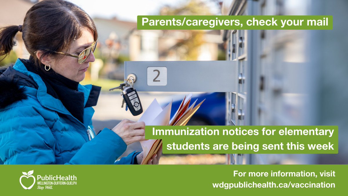Parents/caregivers: check your mail. 📫 Letters are going out this week for elementary students who have incomplete immunization records with WDG Public Health. Visit wdgpublichealth.ca/vaccination for more information about what to do if you get a notice.
