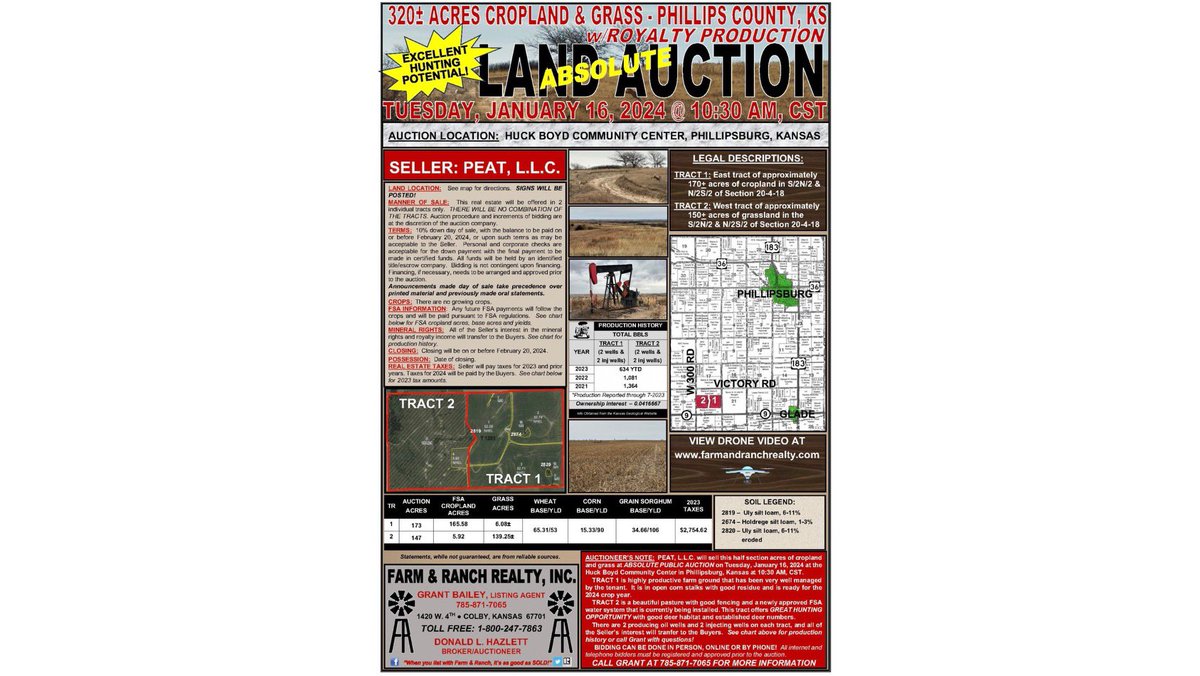 Land Auction in Phillips County, KS!

320 +/- Acres of Cropland and Grass in Phillips County, KS to be sold at auction on January 16.

Grant Bailey - Listing Agent (785) 871-7065
Donald L. Hazlett - Broker
“When you list with Farm &amp; Ranch, it’s as good as SOLD!”