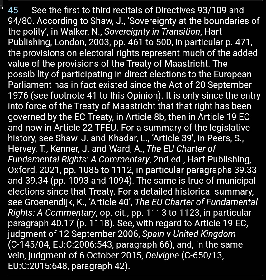 Catching up on last week's Advocate General's opinion on EU citizens' political rights - good to see the excellent academic work of <a href="/joshaw/">Jo Shaw</a> <a href="/Lamin_Khadar/">Lamin Khadar</a> <a href="/ceciliarizcalla/">Cecilia Rizcallah</a> and many others on this topic being recognised, including in the Charter tomes curia.europa.eu/juris/document…