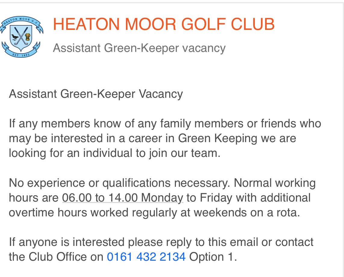 We are hiring!
Email office@heatonmoorgolfclub.co.uk