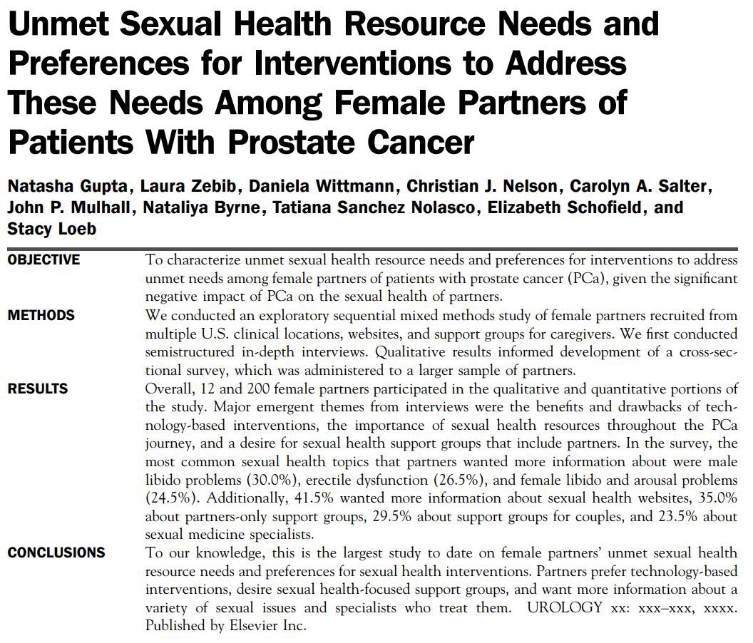 Stacy Loeb, MD (@loebstacy) on Twitter photo Unmet Sexual Health Resource Needs and Preferences for Interventions to Address These Needs Among Female Partners of Patients with #ProstateCancer -new in <a href="/urogoldjournal/">Urology Gold Journal</a> authors.elsevier.com/c/1iR5LKZx3cAOL ‼️ Sound byte: Partners need much more info & support about sexual side effects! Unmet Sexual Health Resource Needs and Preferences for Interventions to Address These Needs Among Female Partners of Patients with #ProstateCancer -new in <a href="/urogoldjournal/">Urology Gold Journal</a> authors.elsevier.com/c/1iR5LKZx3cAOL ‼️ Sound byte: Partners need much more info & support about sexual side effects!