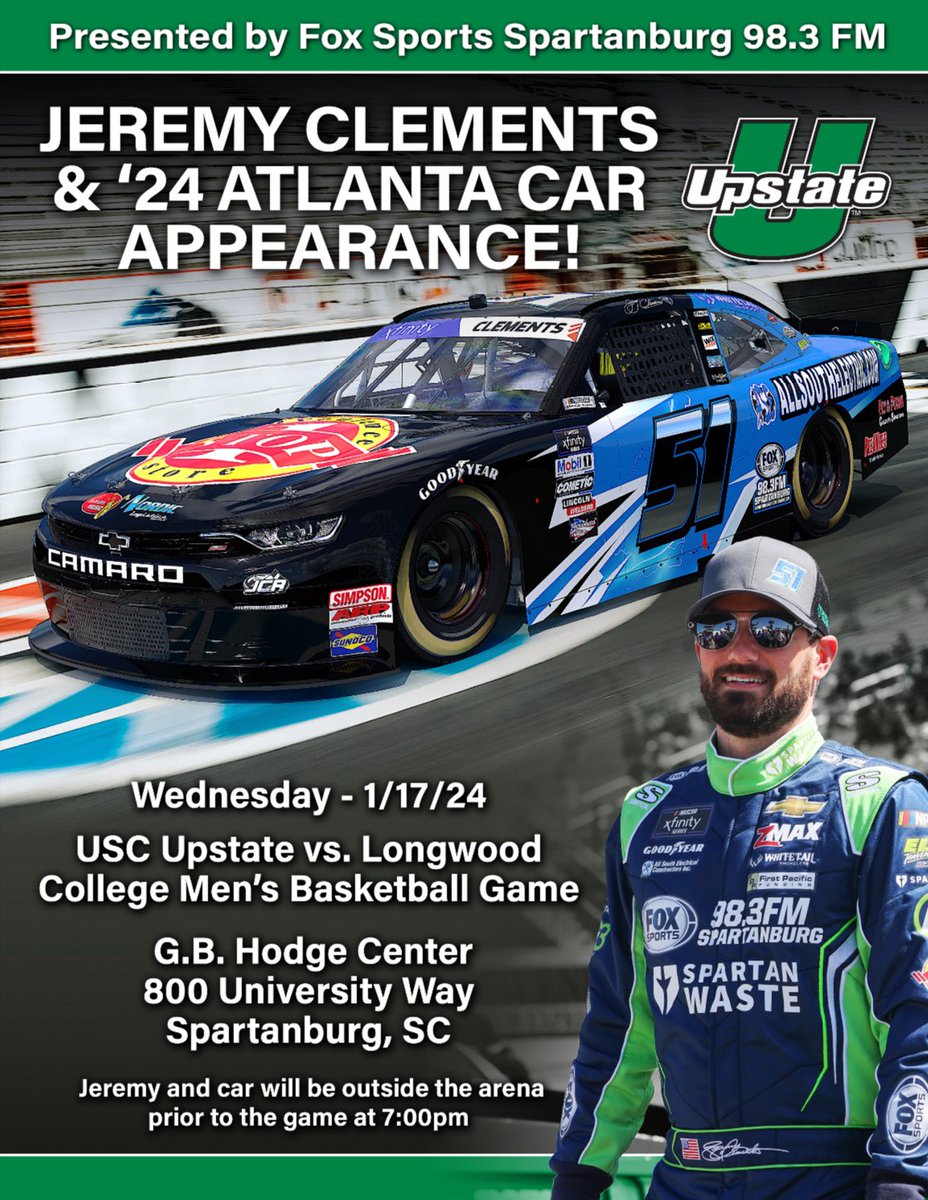 JCR_Clements51's tweet photo. #ClementsNation In Spartanburg Wednesday night stop by the @UpstateSpartans
G.B. Hodge Center & meet @JClements51 & get a close up look 👀 at @ATLMotorSpdwy 2024 #51 @XfinityRacing @NASCAR_Xfinity Machine! https://t.co/l92EnXBiSx