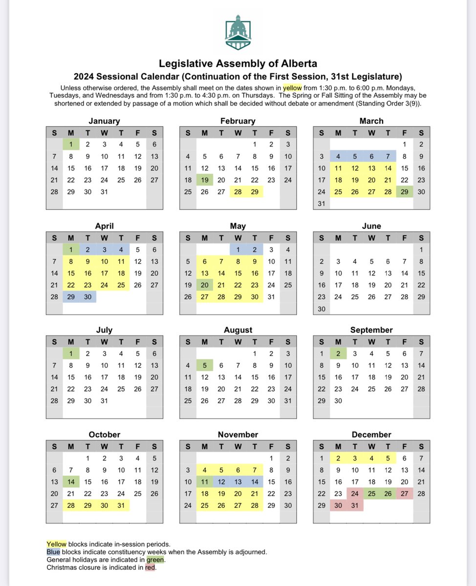 Earlier today the Government House Leader provided notice of the continuation of the 1st session of the 31st legislature commencing on February 28 at 1:30 PM. He also provided notice of the 2024 sessional calendar. #ableg