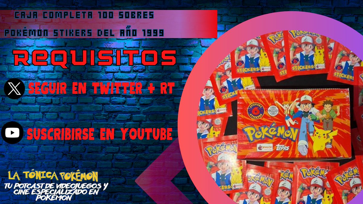 latonicapokemon's tweet photo. 🔥MEGA SORTEO🔥

🏆CAJA COMPLETA DE 100 SOBRES POKÉMON STICKERS DEL AÑO 1999🏆

Requisitos⬇️
- Seguir en Twitter ‼️
- RT 🔁
- Suscribirse en Youtube ❤️

Fecha límite 01/02/2024 ⏳

Para duplicar tus posibilidades también puedes participar en nuestro Instagram😎

Youtube:
https://t.co/zhoyJFnGO3