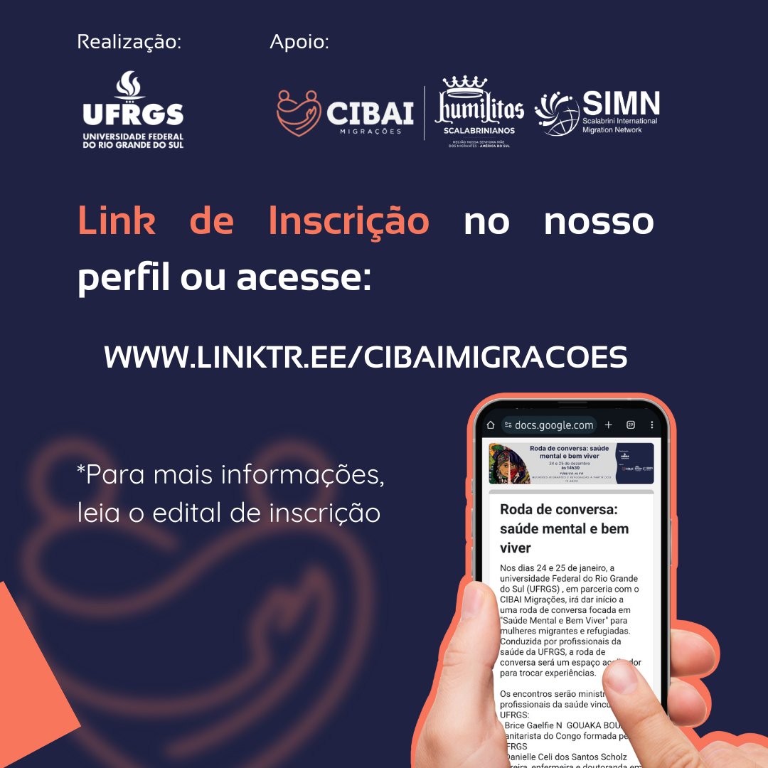 MMigracoes's tweet photo. 🌟 A primeira oficina do ano está chegando!  Em parceria com a Universidade Federal do Rio Grande do Sul (UFRGS ) preparamos uma roda de conversa especial sobre "Saúde Mental e Bem Viver" para mulheres migrantes e refugiadas. 🚀

Mais informação no link👇
https://t.co/v9BQVhNcNj https://t.co/2ovukAv8lR