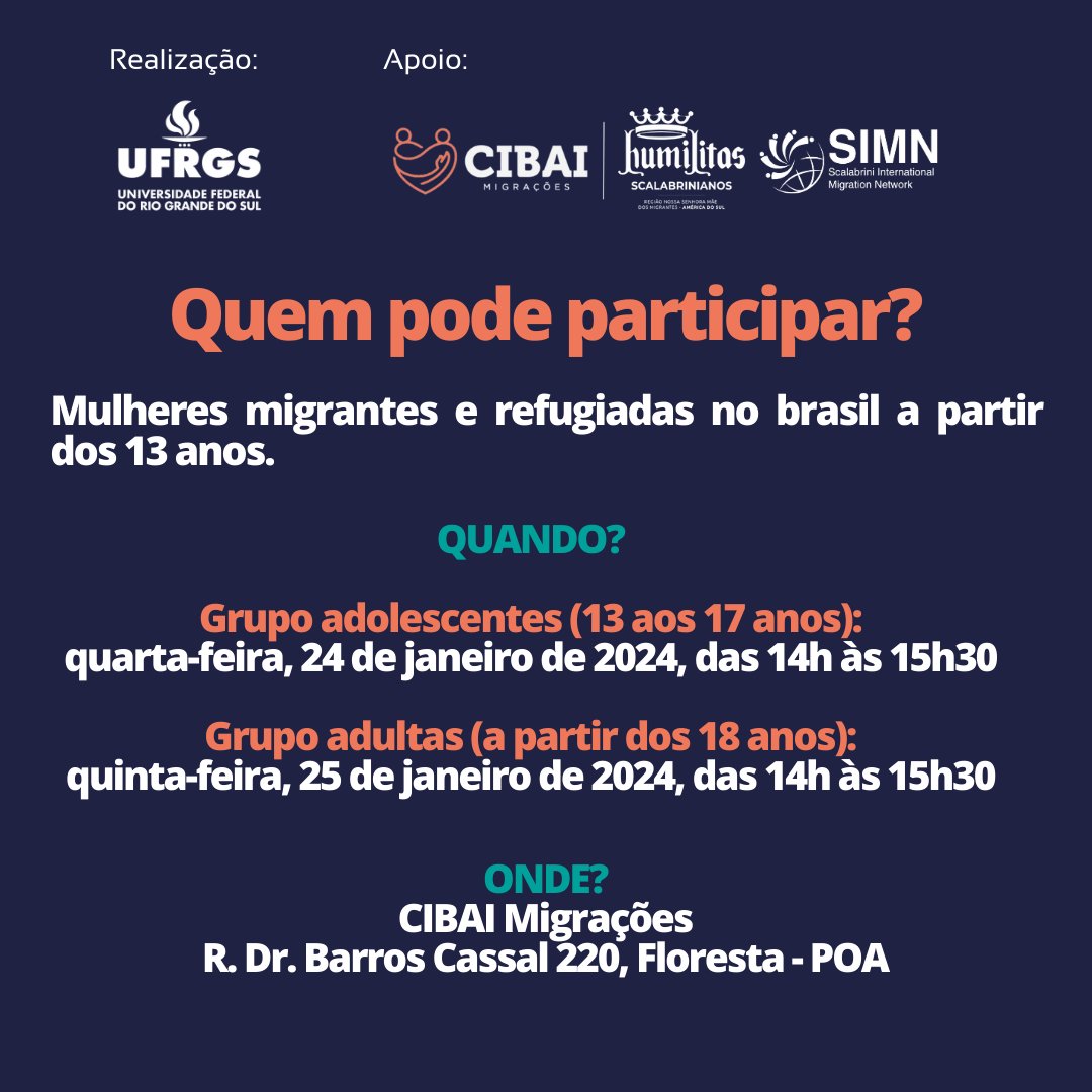 MMigracoes's tweet photo. 🌟 A primeira oficina do ano está chegando!  Em parceria com a Universidade Federal do Rio Grande do Sul (UFRGS ) preparamos uma roda de conversa especial sobre "Saúde Mental e Bem Viver" para mulheres migrantes e refugiadas. 🚀

Mais informação no link👇
https://t.co/v9BQVhNcNj https://t.co/2ovukAv8lR