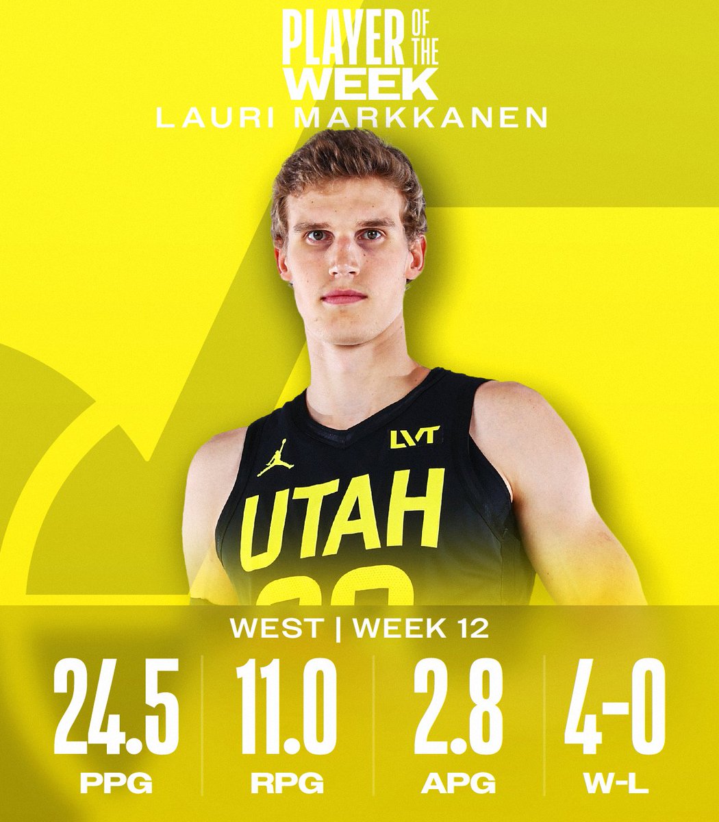 NBA's tweet photo. NBA Players of the Week for Week 12.  

West: Lauri Markkanen (@utahjazz)
East: Bam Adebayo (@MiamiHEAT) https://t.co/M9qBfa4PLl