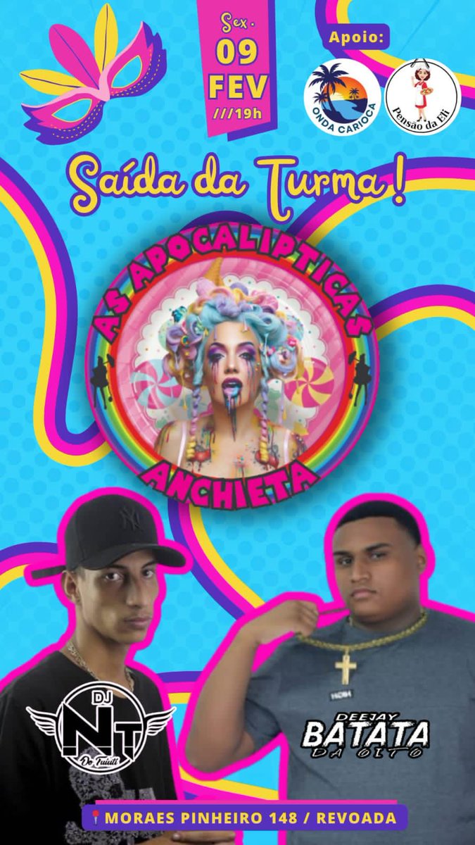 SAÍDA DA TURMA AS APOCALÍPTICAS DE ANCHIETA 🎭🎌
📅  09/02/2024 ⏰️  19H
 📍MORAES PINHEIRO 148/ ANCHIETA  

SUPER QUEIMA DE FOGOS 🎊🎉

EQUIPE DE SOM NO LOCAL TOCANDO OS MELHORES RITMOS 🎶👯‍♀️💃🏻

✅️Dj NT DO TUIUTI ✅️ DEEJAY BATATA DA OITO 

🍻 BEBIDAS A VENDA NO LOCAL.