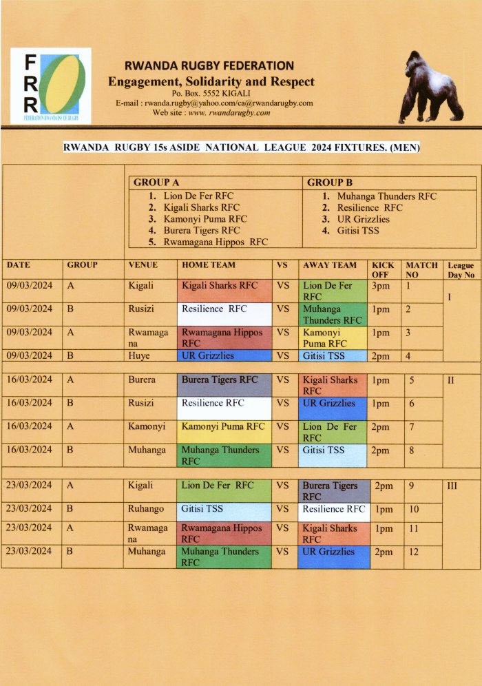 RugbyRwanda's tweet photo. Twishimiye kubatangariza Ingengabihe ya Shampiyona y’i 2024.
Izakinwa hagati tariki ya 09/03/2024 kugeza ku ya 18/05/2024 mu bagabo, na 30/03/2024-11/05/2024 mu Kiciro cy’Abagore.
Izaba irimo Amakipe mashya arimo: Burera Tigers, Rwamagana Hippos, UR Grizzlies na Gitisi TSS. https://t.co/QABA9onqk8
